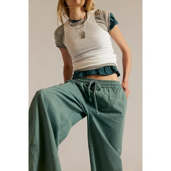 Free People Lex Barrel Pants Trousers Tapered Leg Cotton Pull On Olive L 282663 - Picture 4 of 9